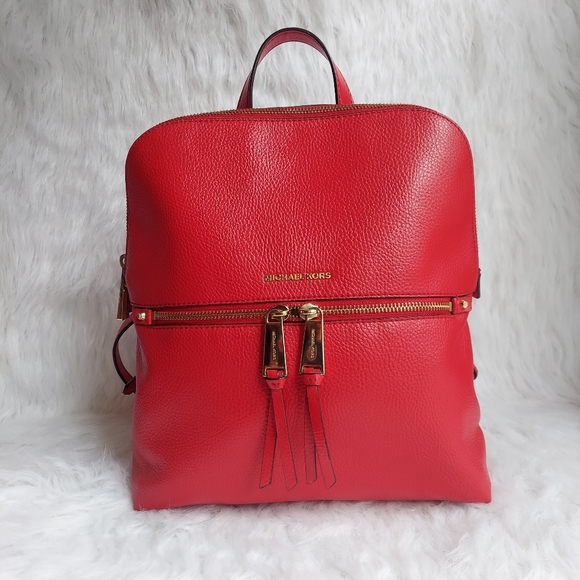Michael kors Rhea Medium Pebbled Slim Backpack in red - Picture 1 of 8